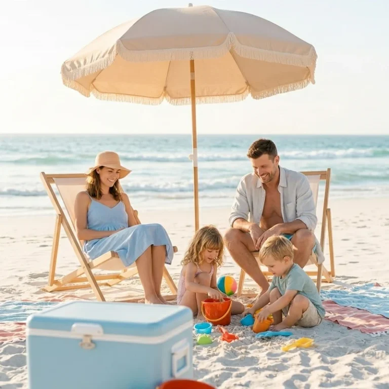 famille en vacance utilisant une glacière , un parasol et des chaises longues