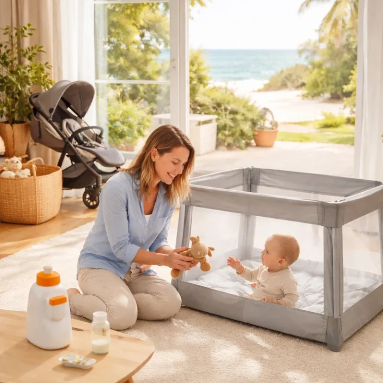 maman avec berceau , poussette, chauffe biberon pour découvrir le pack bébé